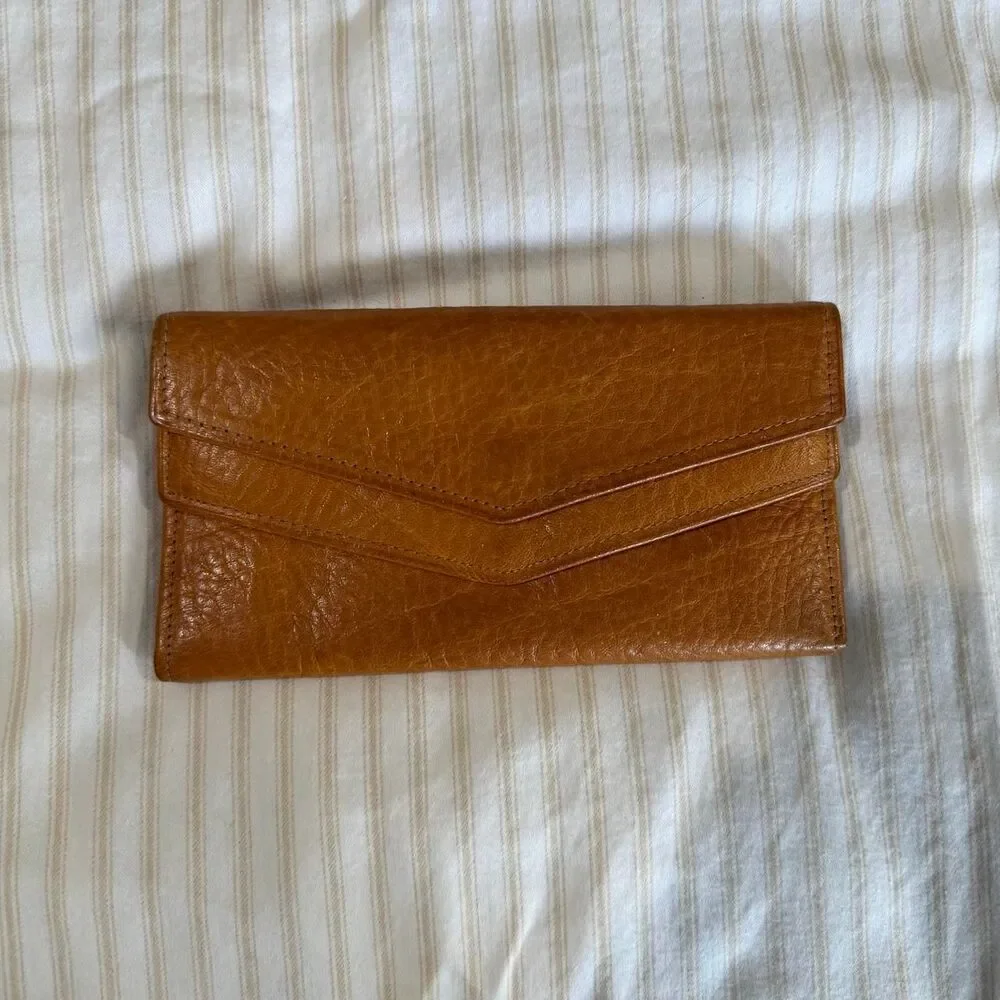 Vintage tan leather trifold envelope wallet